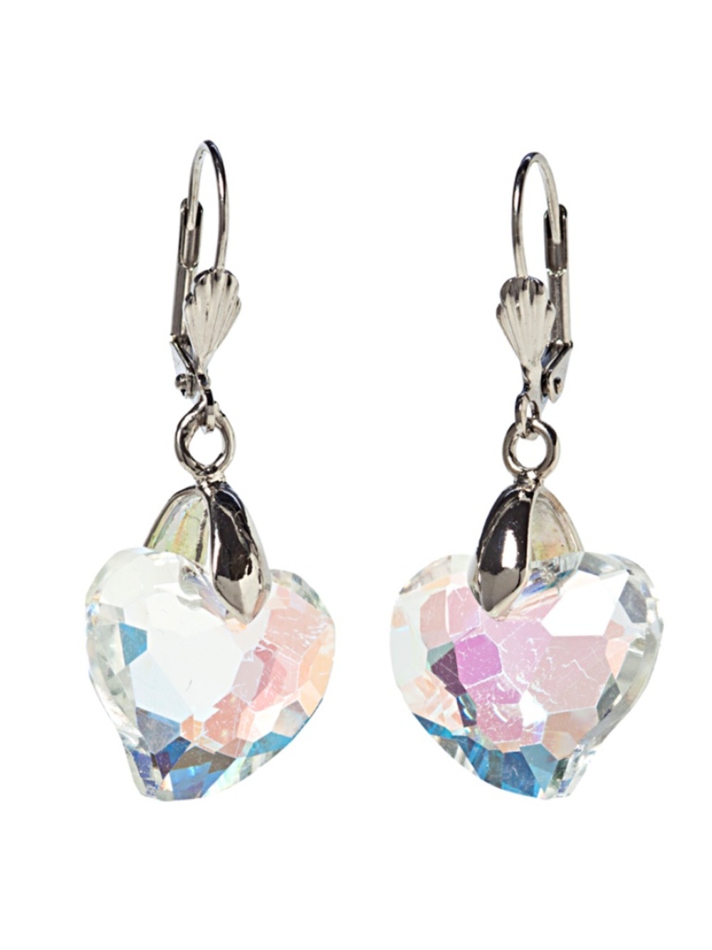 Crystal Heart Earrings AB Finish Silver Tone Dangle Made in Montreal - NWT